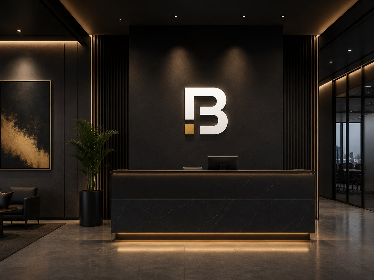 The Barrelsway office reception with the monogram on the back wall.