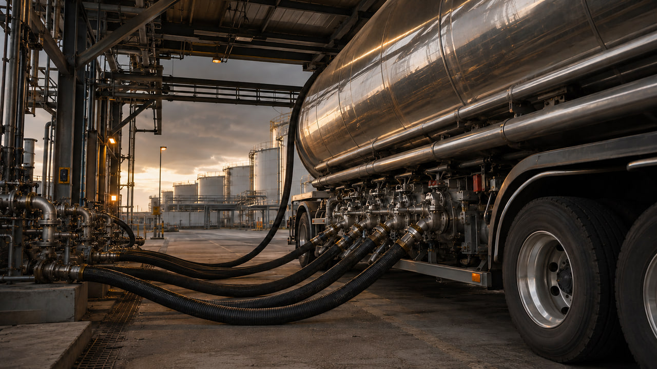 Loading hoses connected to a road tanker at a terminal loading bay.