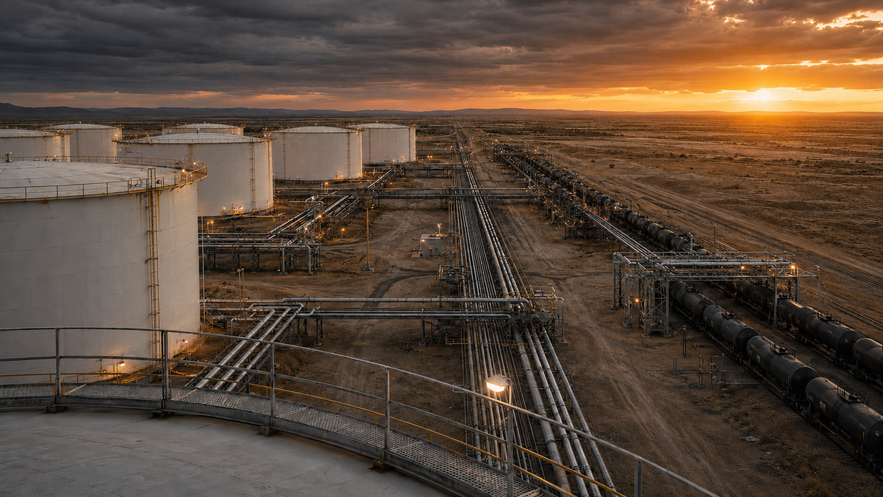 Storage tanks connected to a rail loading rack at first light.
