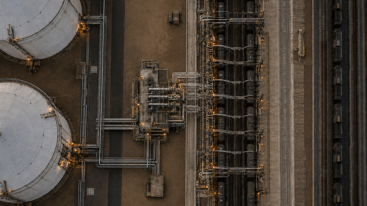 Crude storage tanks and a rail loading rack seen from overhead.