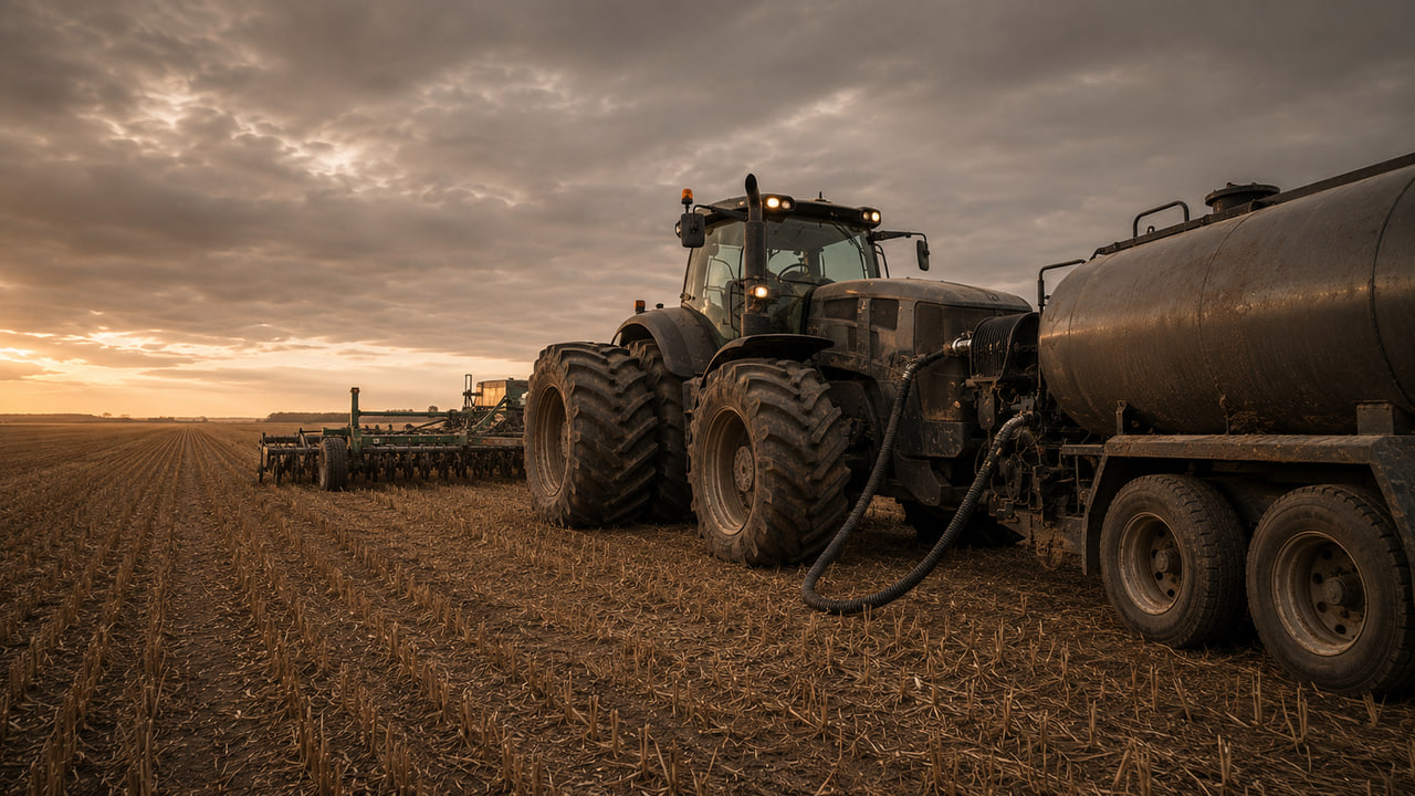 A road tanker refuelling an agricultural tractor in a field at dusk.