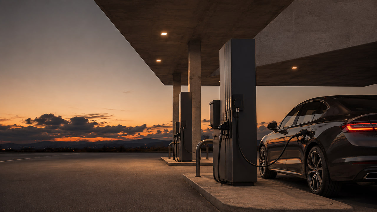 A retail fuel station forecourt at dusk with a vehicle at the dispenser.