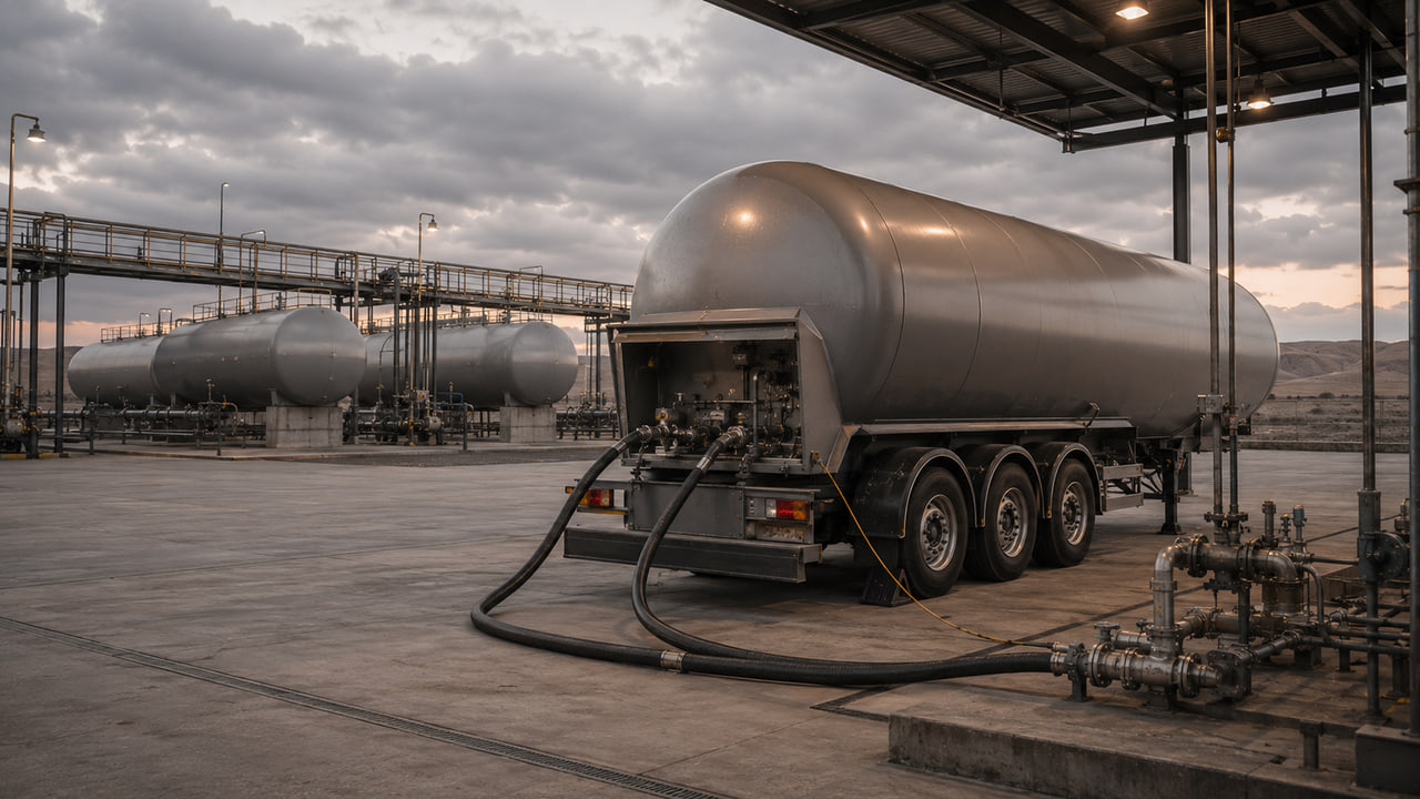 Pressurised LPG storage vessels and a road tanker at a bulk terminal.
