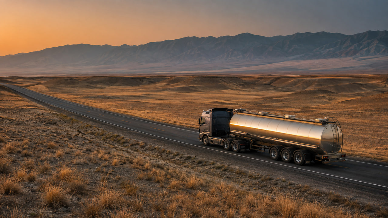 A road tanker crossing open Central Asian steppe toward distant hills.
