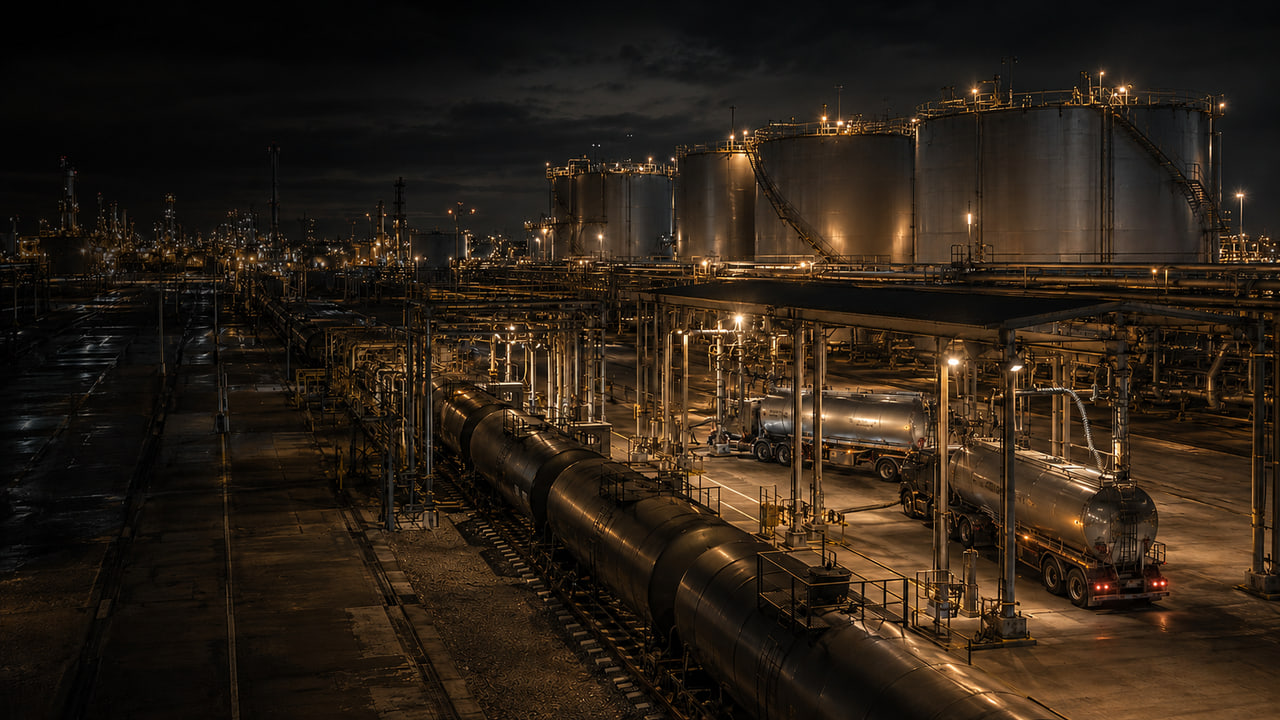 A product terminal working under lights at night.