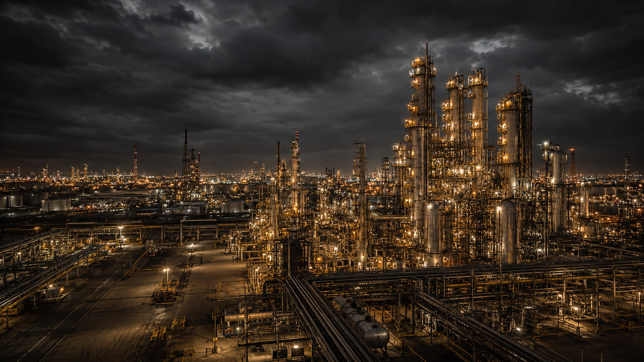 A refinery complex illuminated at night under a heavy sky.