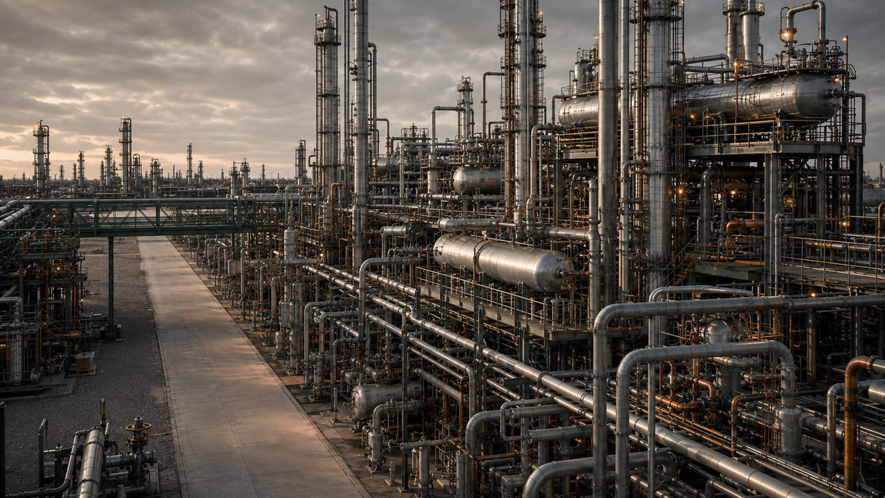 Elevated view over an aromatics processing plant and pipe racks.