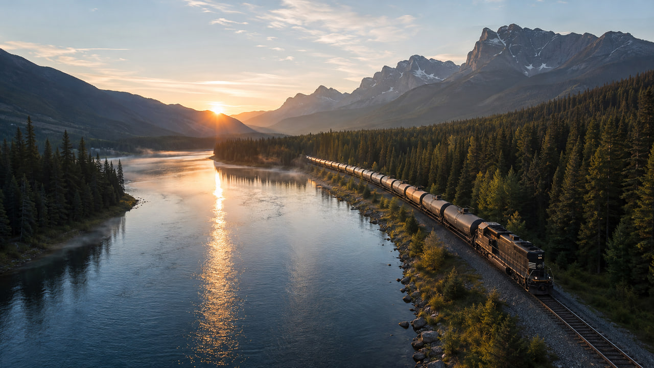 A loaded tank-car train following a river corridor at sunrise.